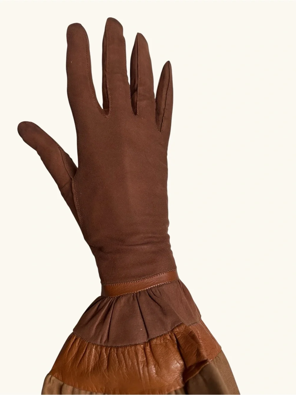 Vintage Long Brown Suede Gloves with Flared Cuffs